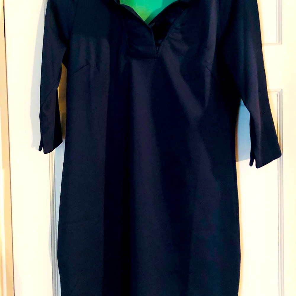 Gretchen Scott Ruffle Neck Dress. Size LARGE. Navy Blue. Excellent condition.